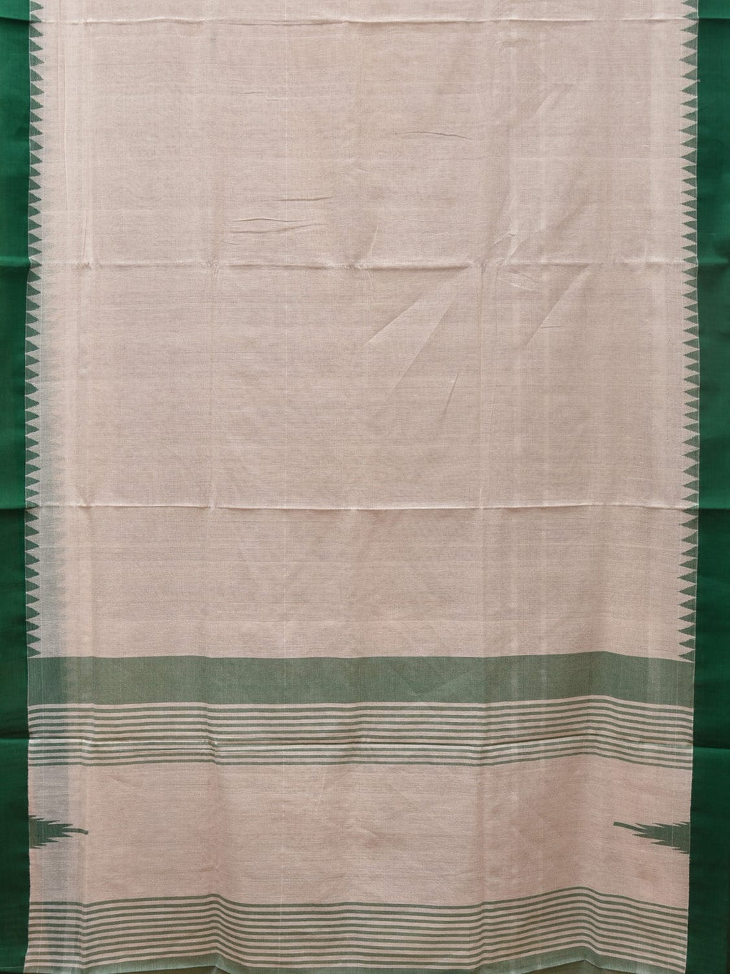 White and Green Khadi Cotton Handloom Plain Saree with Temple Border Design - Global Threads | Grocsy