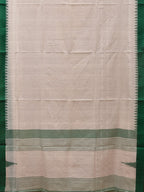 White and Green Khadi Cotton Handloom Plain Saree with Temple Border Design - Global Threads | Grocsy