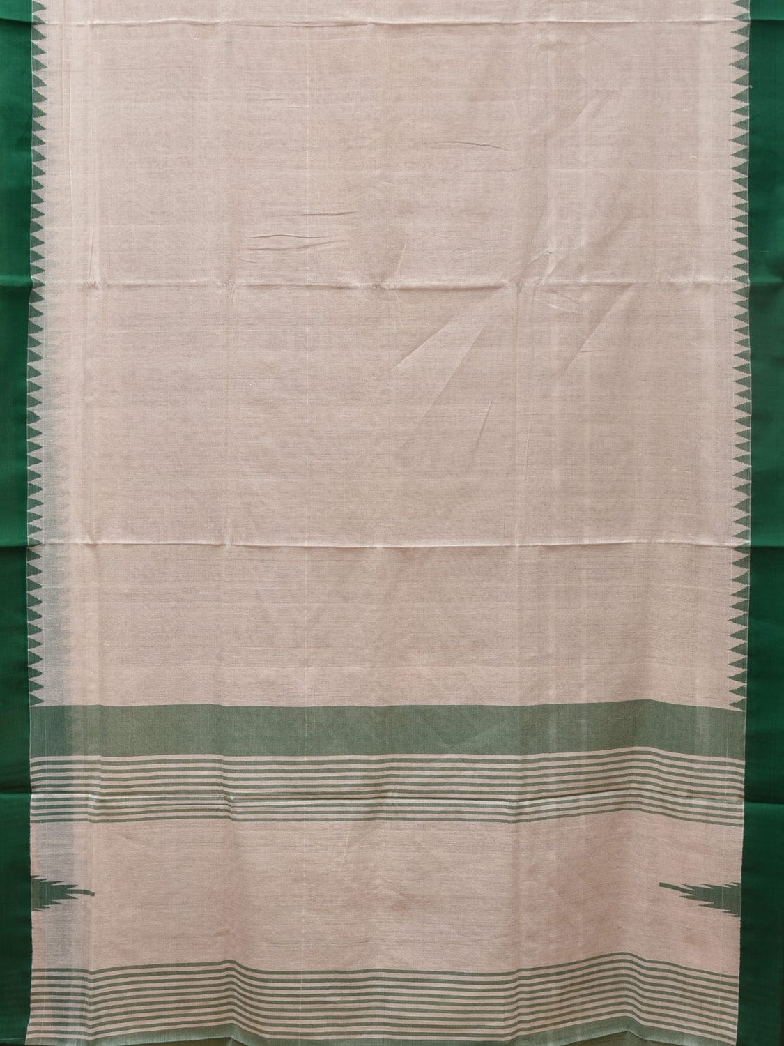 White and Green Khadi Cotton Handloom Plain Saree with Temple Border Design - Global Threads | Grocsy