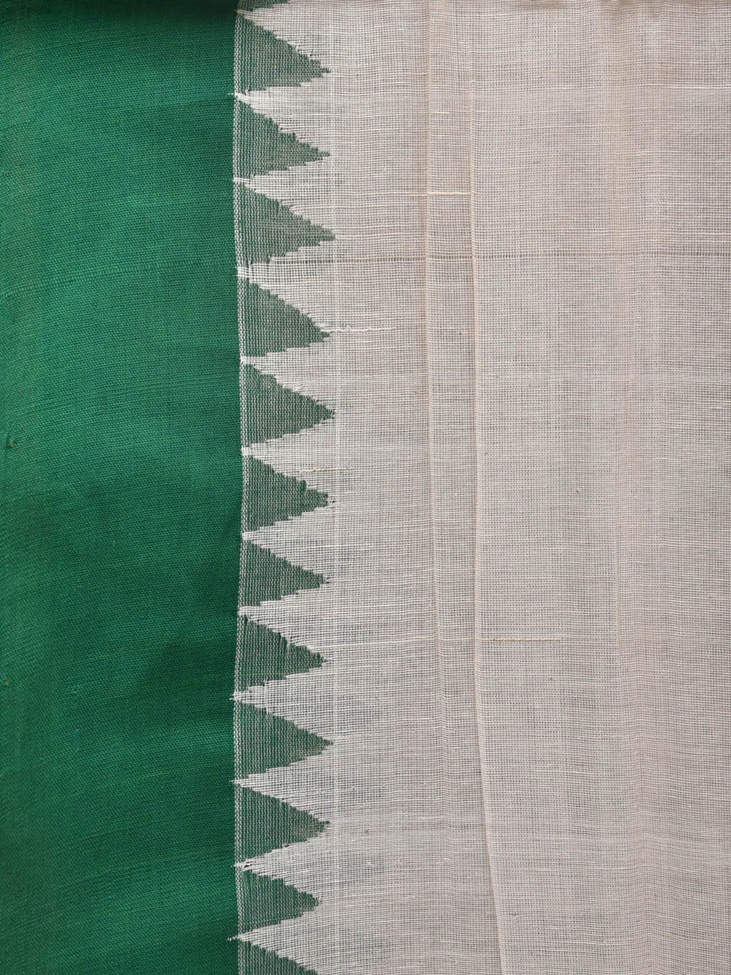 White and Green Khadi Cotton Handloom Plain Saree with Temple Border Design - Global Threads | Grocsy