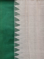 White and Green Khadi Cotton Handloom Plain Saree with Temple Border Design - Global Threads | Grocsy