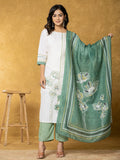 Yufta White And Green Linen Kurta Dupatta Pant Set | Grocsy