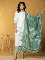 Yufta White And Green Linen Kurta Dupatta Pant Set | Grocsy