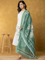 Yufta White And Green Linen Kurta Dupatta Pant Set | Grocsy