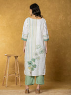 Yufta White And Green Linen Kurta Dupatta Pant Set | Grocsy