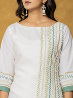 Yufta White And Green Linen Kurta Dupatta Pant Set | Grocsy