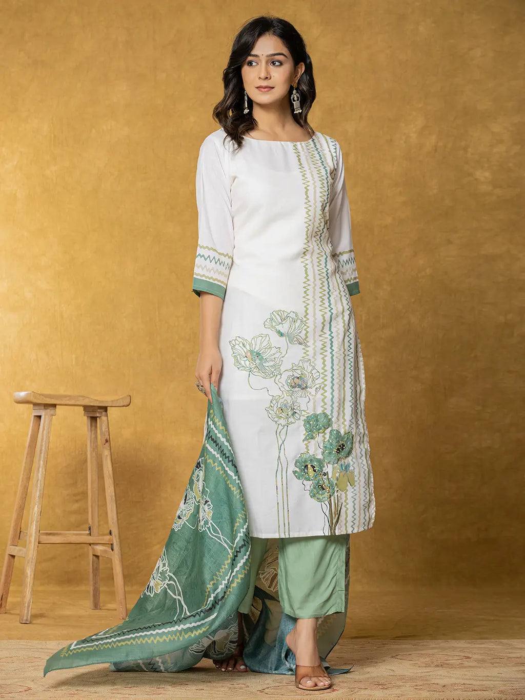 Yufta White And Green Linen Kurta Dupatta Pant Set | Grocsy