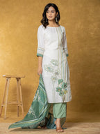 Yufta White And Green Linen Kurta Dupatta Pant Set | Grocsy