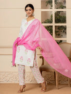Yufta White And Pink Cotton Floral Print Kurta Dupatta Set | Grocsy