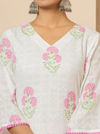 Yufta White And Pink Cotton Floral Print Kurta Dupatta Set | Grocsy