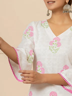 Yufta White And Pink Cotton Floral Print Kurta Dupatta Set | Grocsy