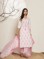 Yufta White And Pink Floral Print Cotton Straight Kurta Dupatta Set | Grocsy