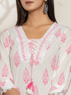 Yufta White And Pink Floral Print Cotton Straight Kurta Dupatta Set | Grocsy