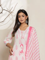 Yufta White And Pink Floral Print Cotton Straight Kurta Dupatta Set | Grocsy