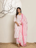 Yufta White And Pink Floral Print Cotton Straight Kurta Dupatta Set | Grocsy