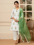 Yufta White And Red Cotton Floral Print Kurta Dupatta Set | Grocsy