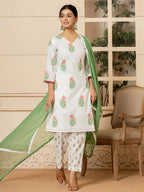 Yufta White And Red Cotton Floral Print Kurta Dupatta Set | Grocsy