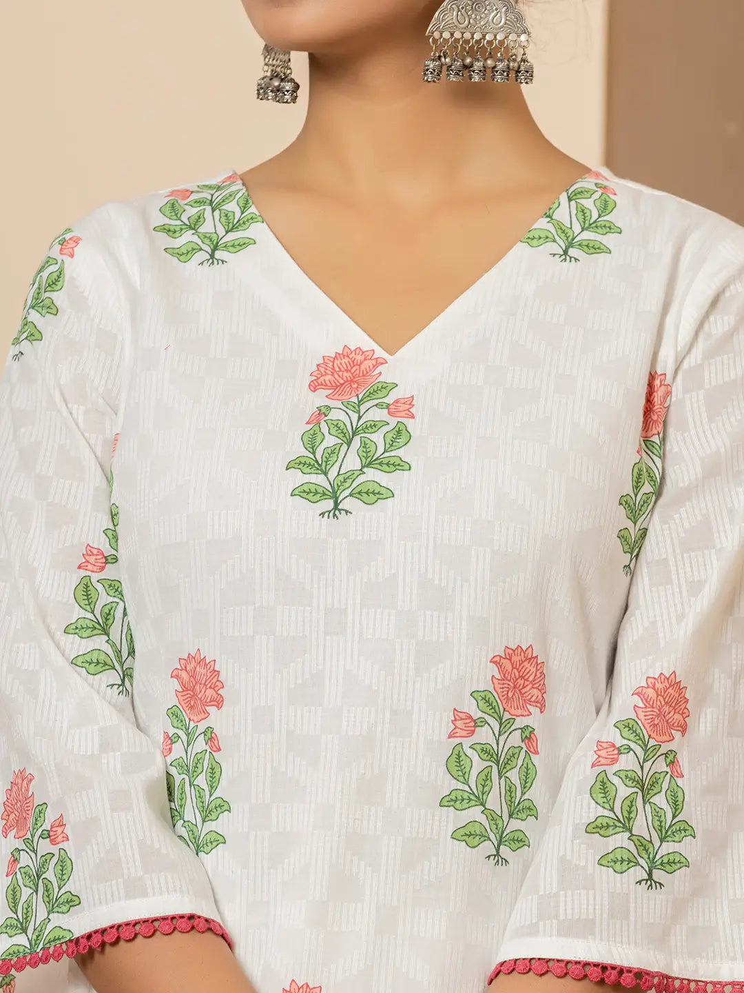 Yufta White And Red Cotton Floral Print Kurta Dupatta Set | Grocsy
