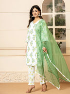 Yufta White And Teal Blue Cotton Floral Print Kurta Dupatta Set | Grocsy