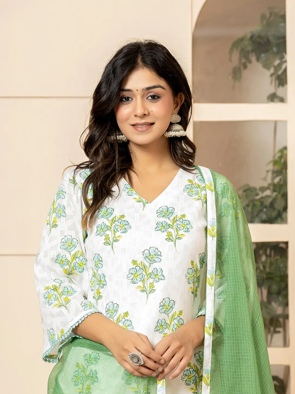 Yufta White And Teal Blue Cotton Floral Print Kurta Dupatta Set | Grocsy
