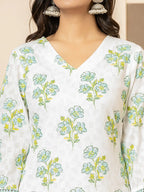 Yufta White And Teal Blue Cotton Floral Print Kurta Dupatta Set | Grocsy