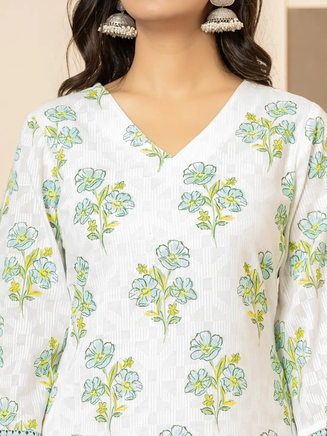Yufta White And Teal Blue Cotton Floral Print Kurta Dupatta Set | Grocsy