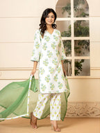 Yufta White And Teal Blue Cotton Floral Print Kurta Dupatta Set | Grocsy