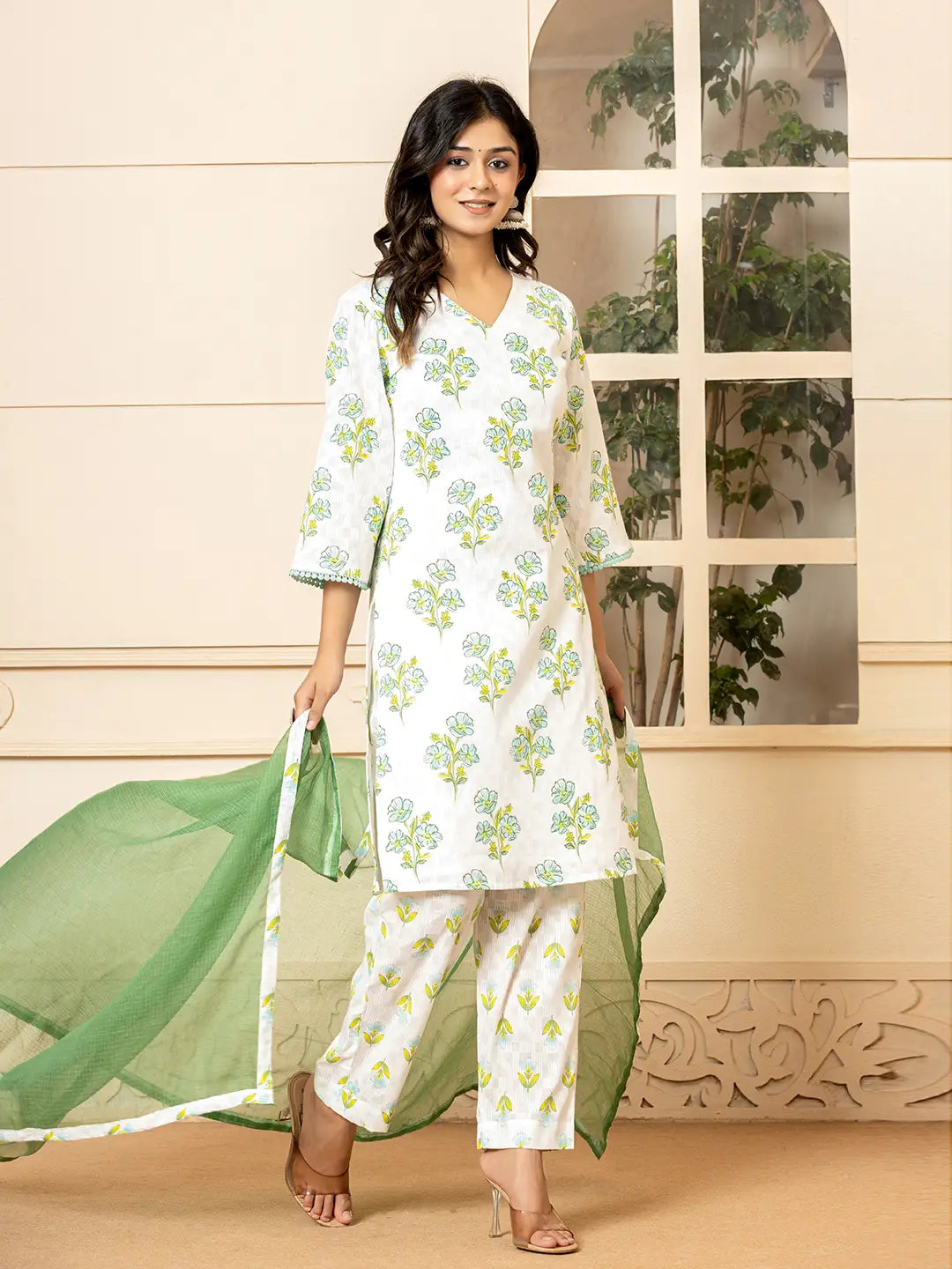 Yufta White And Teal Blue Cotton Floral Print Kurta Dupatta Set | Grocsy
