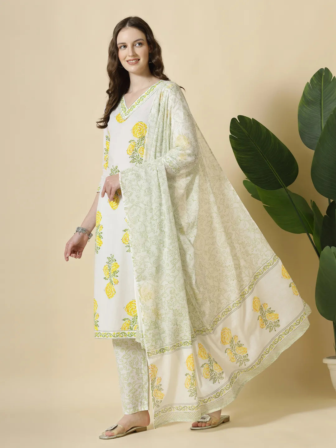 Yufta White And Yellow Cotton Sequins Work Kurta Set With Pant & Dupatta | Grocsy