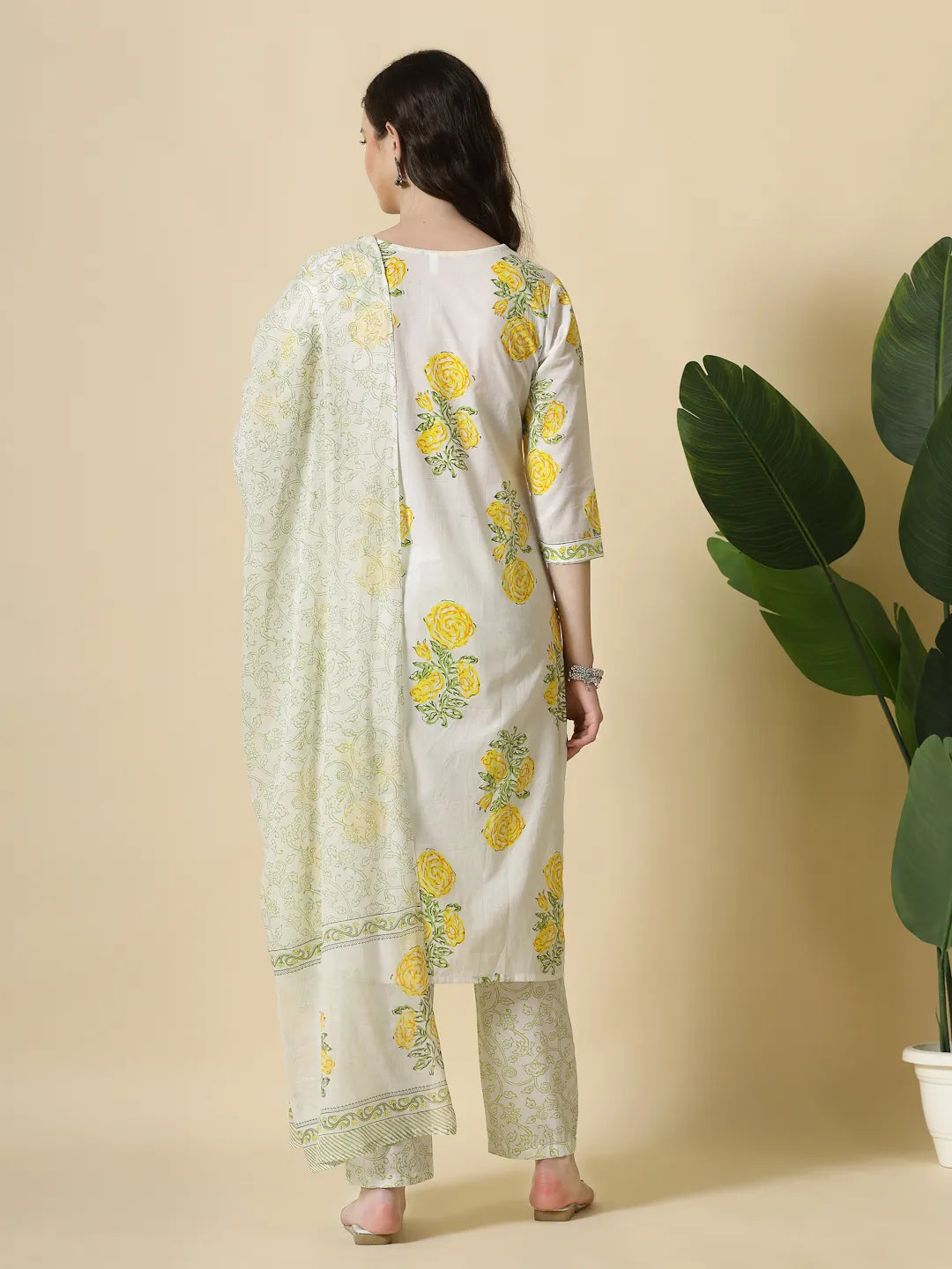 Yufta White And Yellow Cotton Sequins Work Kurta Set With Pant & Dupatta | Grocsy