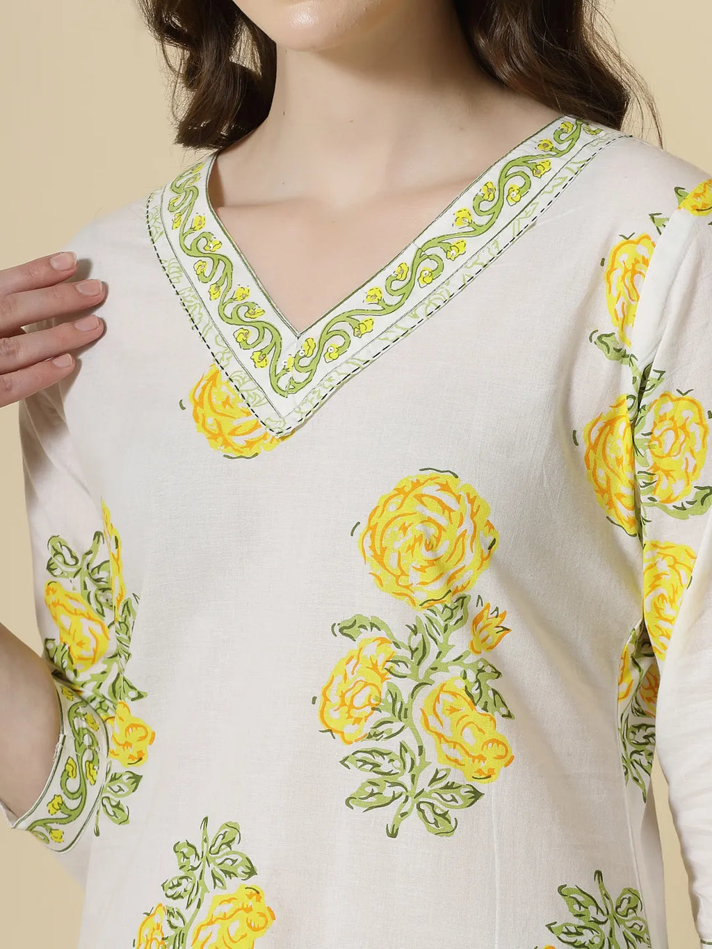 Yufta White And Yellow Cotton Sequins Work Kurta Set With Pant & Dupatta | Grocsy