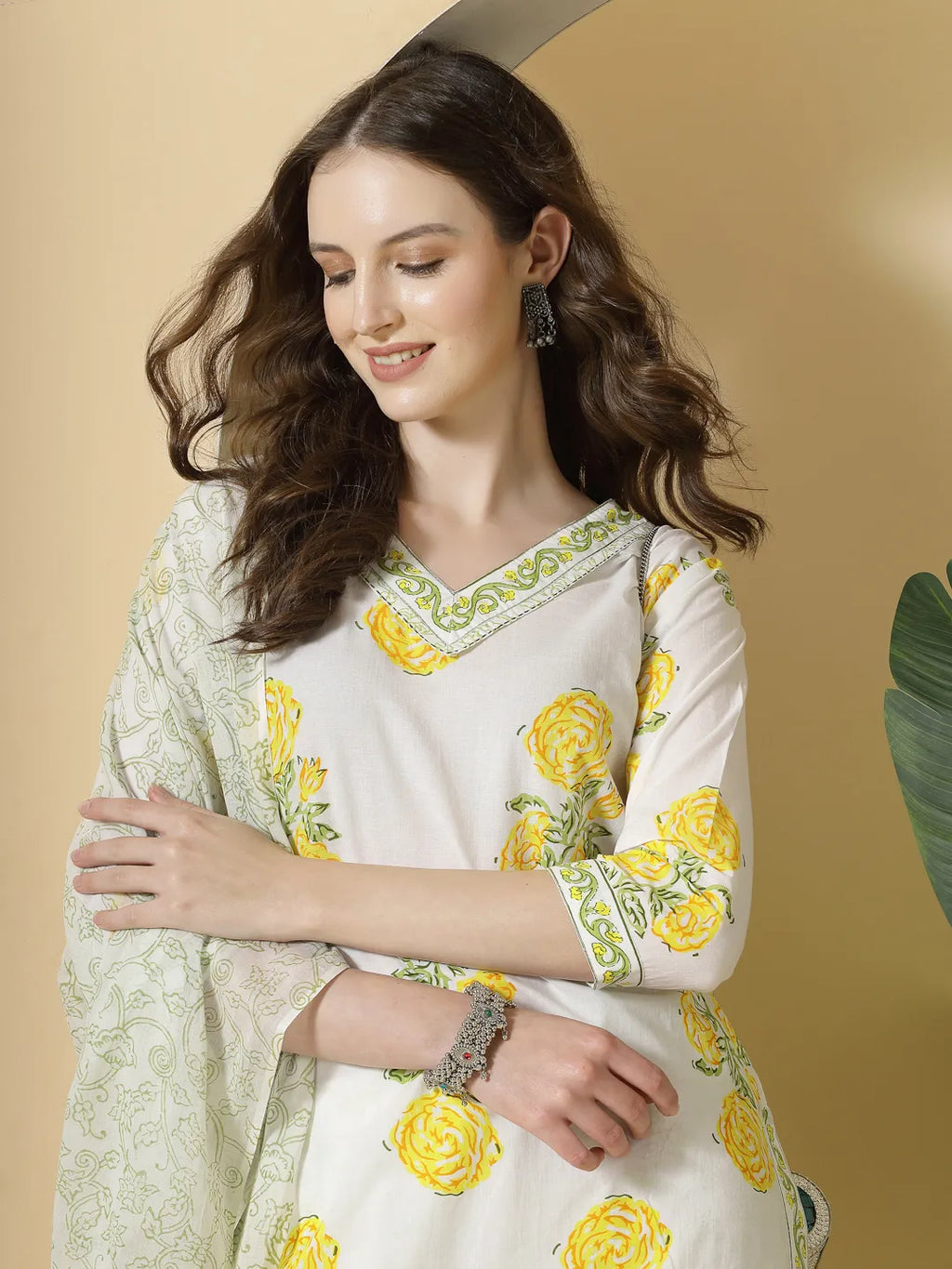 Yufta White And Yellow Cotton Sequins Work Kurta Set With Pant & Dupatta | Grocsy