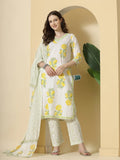 Yufta White And Yellow Cotton Sequins Work Kurta Set With Pant & Dupatta | Grocsy