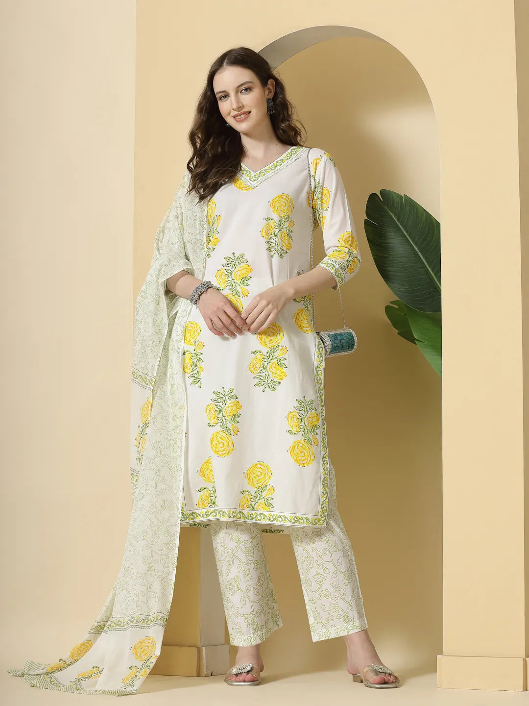 Yufta White And Yellow Cotton Sequins Work Kurta Set With Pant & Dupatta | Grocsy