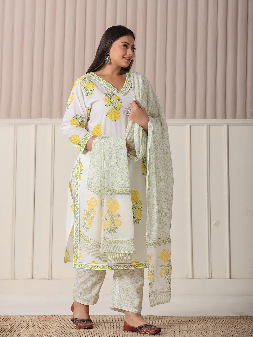 Yufta White And Yellow Cotton Sequins Work Plus Size Kurta Set With Pant & Dupatta | Grocsy