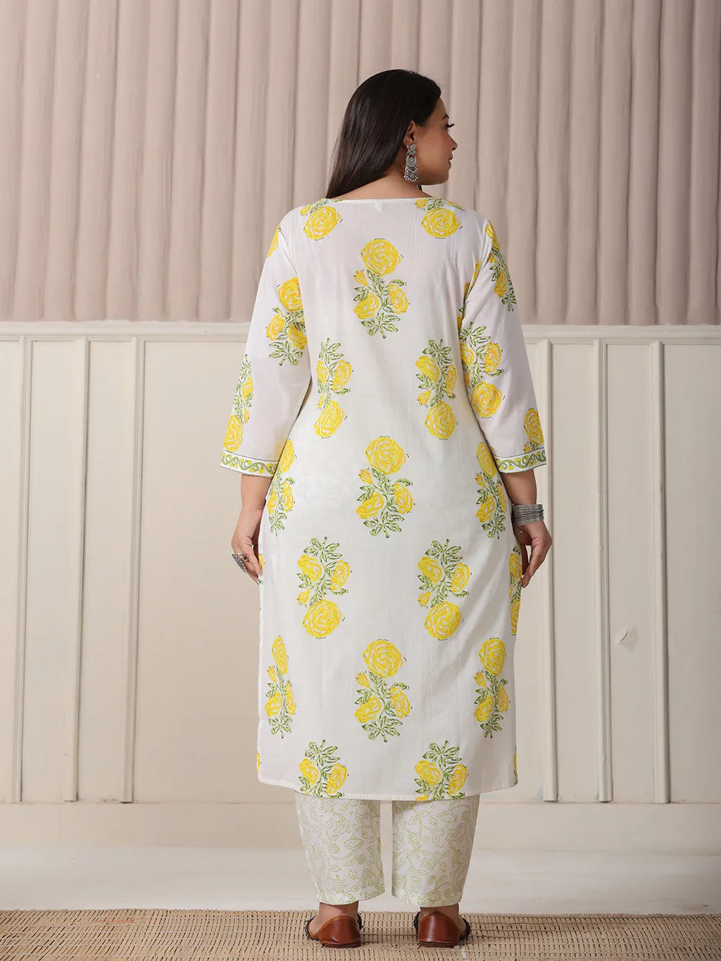 Yufta White And Yellow Cotton Sequins Work Plus Size Kurta Set With Pant & Dupatta | Grocsy