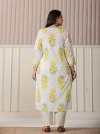 Yufta White And Yellow Cotton Sequins Work Plus Size Kurta Set With Pant & Dupatta | Grocsy
