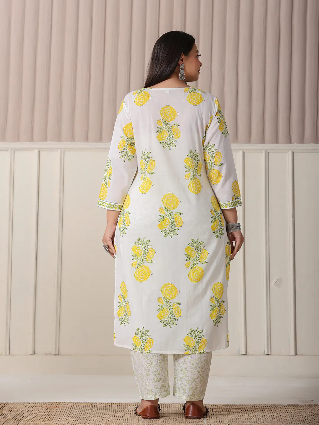 Yufta White And Yellow Cotton Sequins Work Plus Size Kurta Set With Pant & Dupatta | Grocsy