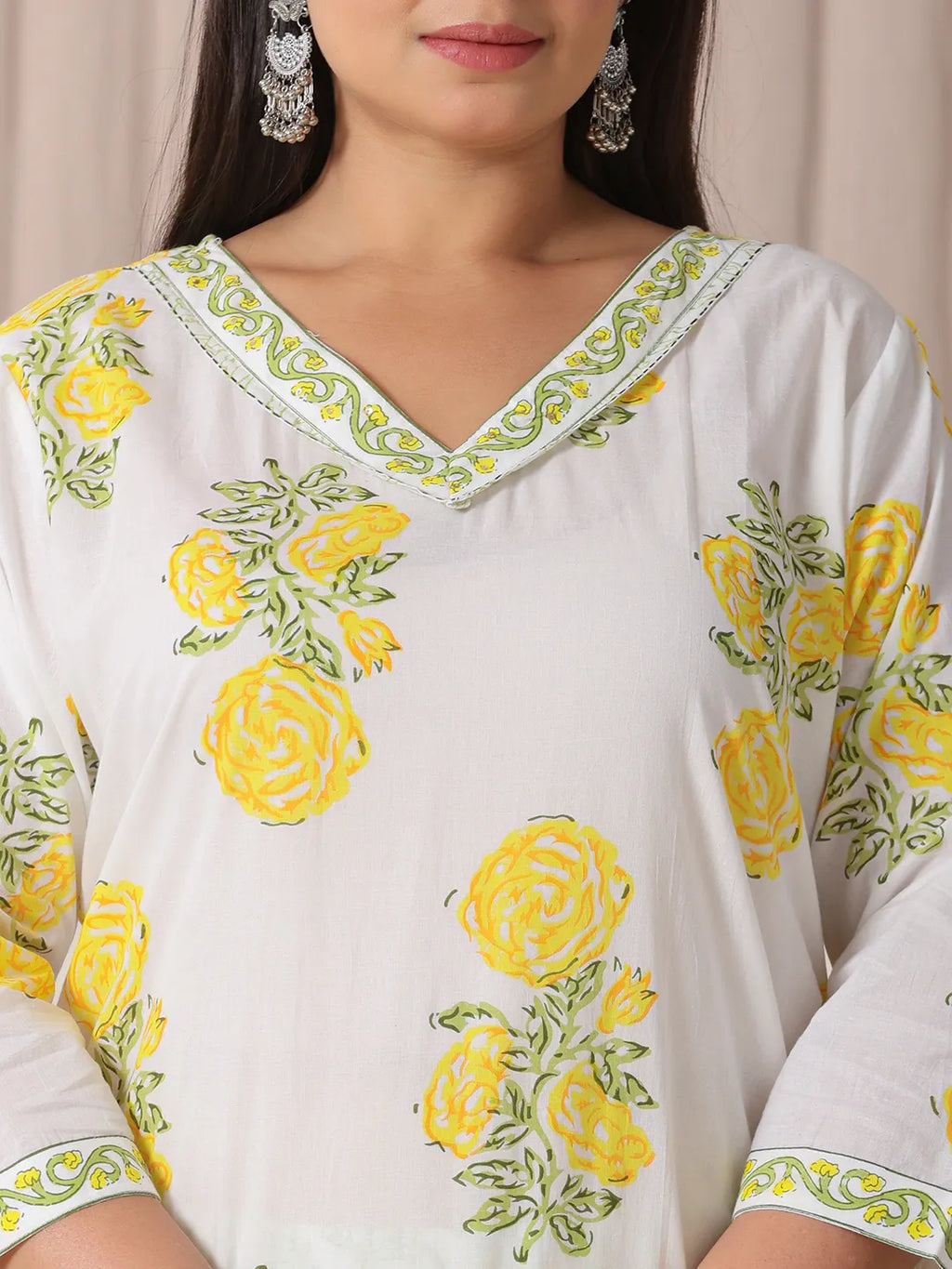 Yufta White And Yellow Cotton Sequins Work Plus Size Kurta Set With Pant & Dupatta | Grocsy