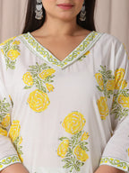 Yufta White And Yellow Cotton Sequins Work Plus Size Kurta Set With Pant & Dupatta | Grocsy