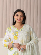 Yufta White And Yellow Cotton Sequins Work Plus Size Kurta Set With Pant & Dupatta | Grocsy