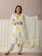 Yufta White And Yellow Cotton Sequins Work Plus Size Kurta Set With Pant & Dupatta | Grocsy