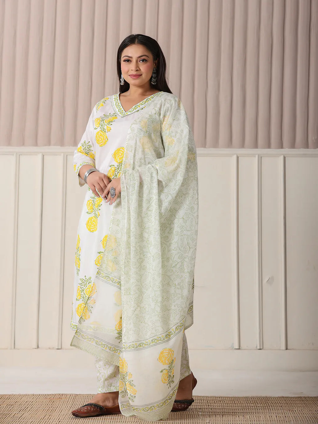 Yufta White And Yellow Cotton Sequins Work Plus Size Kurta Set With Pant & Dupatta | Grocsy