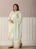 Yufta White And Yellow Cotton Sequins Work Plus Size Kurta Set With Pant & Dupatta | Grocsy