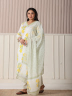 Yufta White And Yellow Cotton Sequins Work Plus Size Kurta Set With Pant & Dupatta | Grocsy