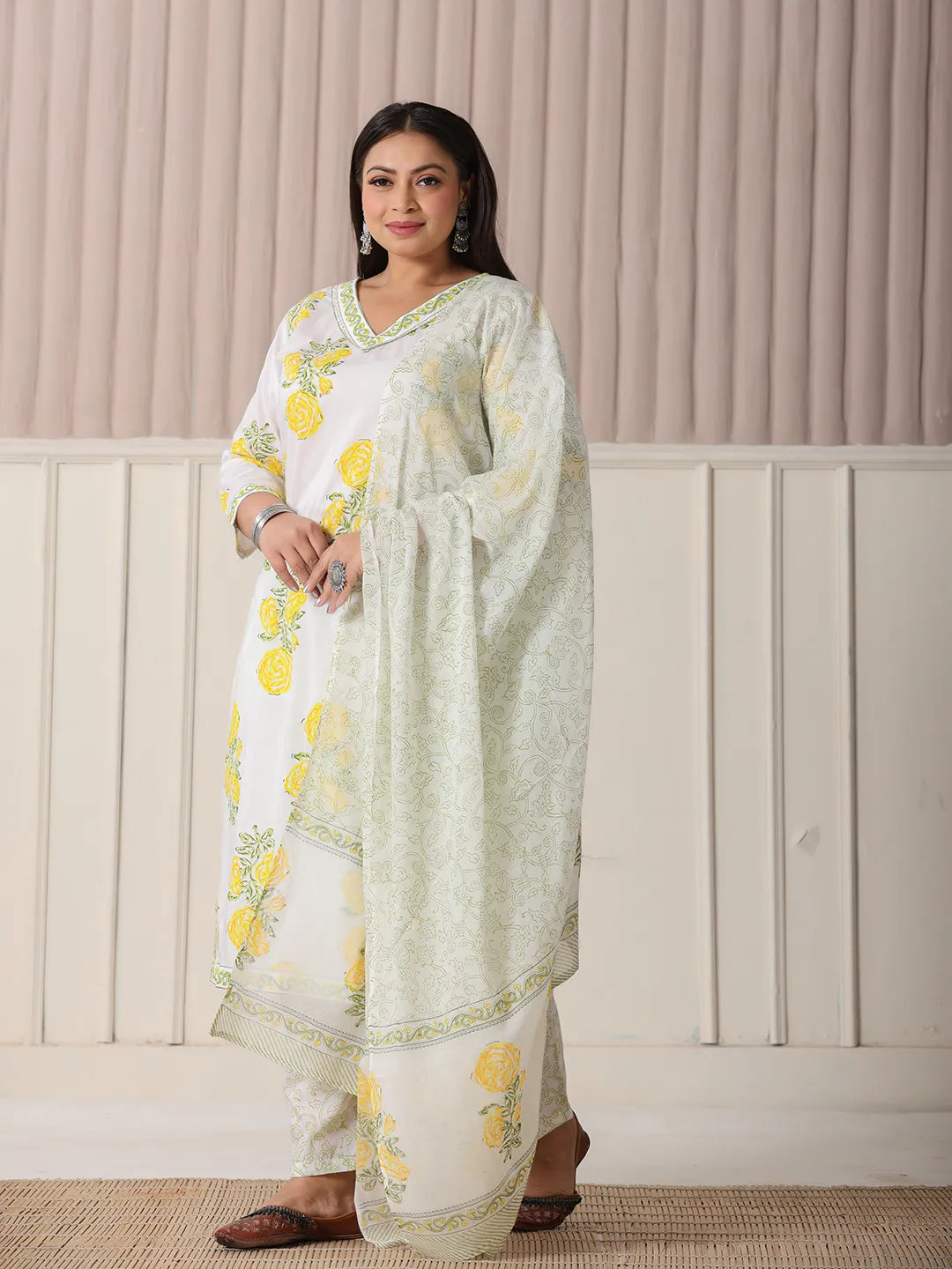 Yufta White And Yellow Cotton Sequins Work Plus Size Kurta Set With Pant & Dupatta | Grocsy