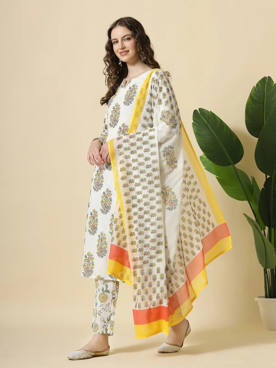 Yufta White And Yellow Floral Print Cotton Sequins Work Kurta Set With Pant & Dupatta | Grocsy