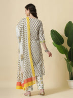 Yufta White And Yellow Floral Print Cotton Sequins Work Kurta Set With Pant & Dupatta | Grocsy