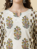 Yufta White And Yellow Floral Print Cotton Sequins Work Kurta Set With Pant & Dupatta | Grocsy