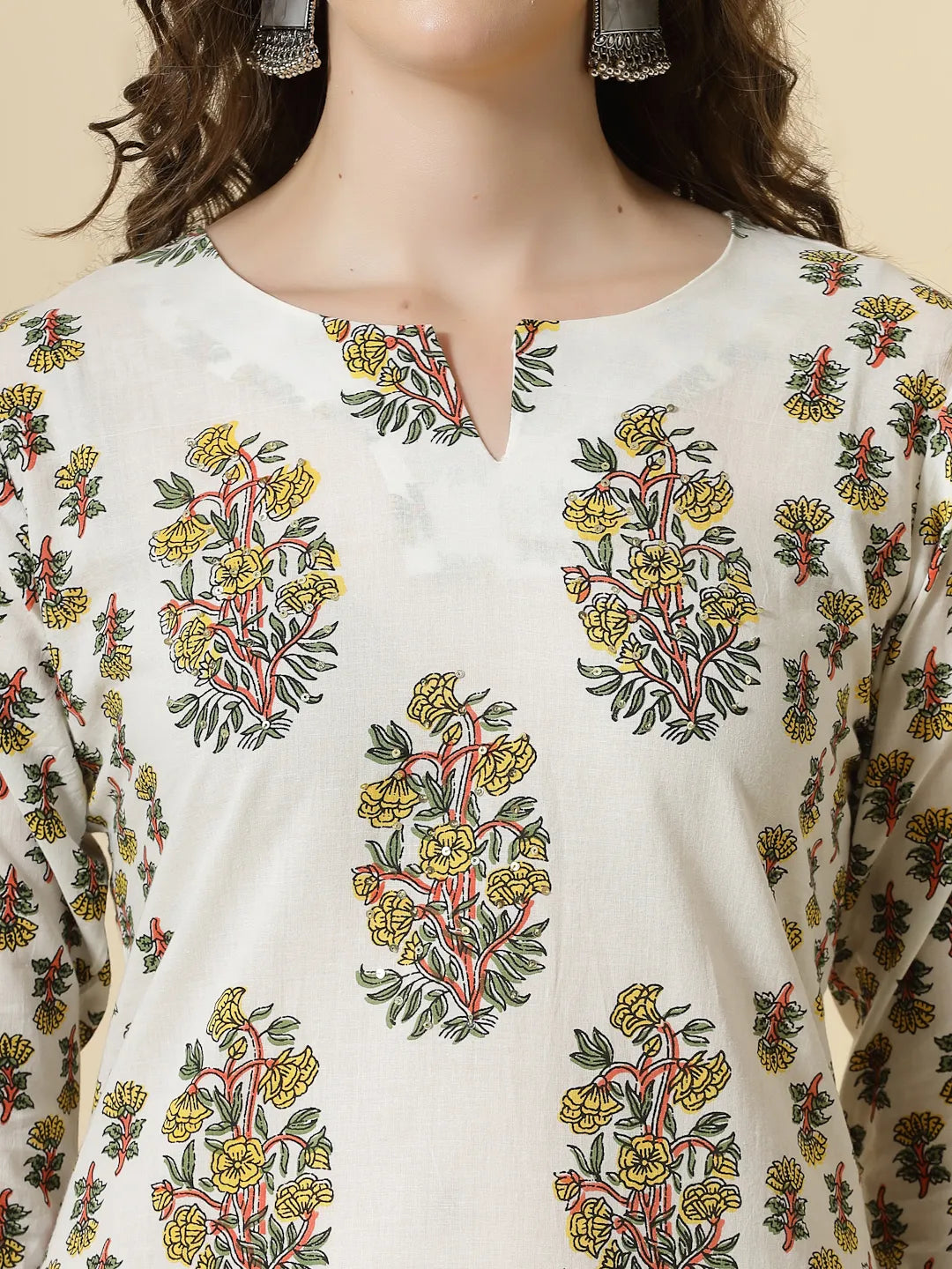 Yufta White And Yellow Floral Print Cotton Sequins Work Kurta Set With Pant & Dupatta | Grocsy